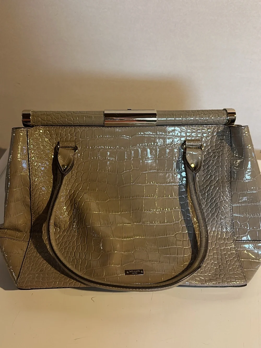 kate spade Shimmery Croc-Embossed Satchel in Taupe